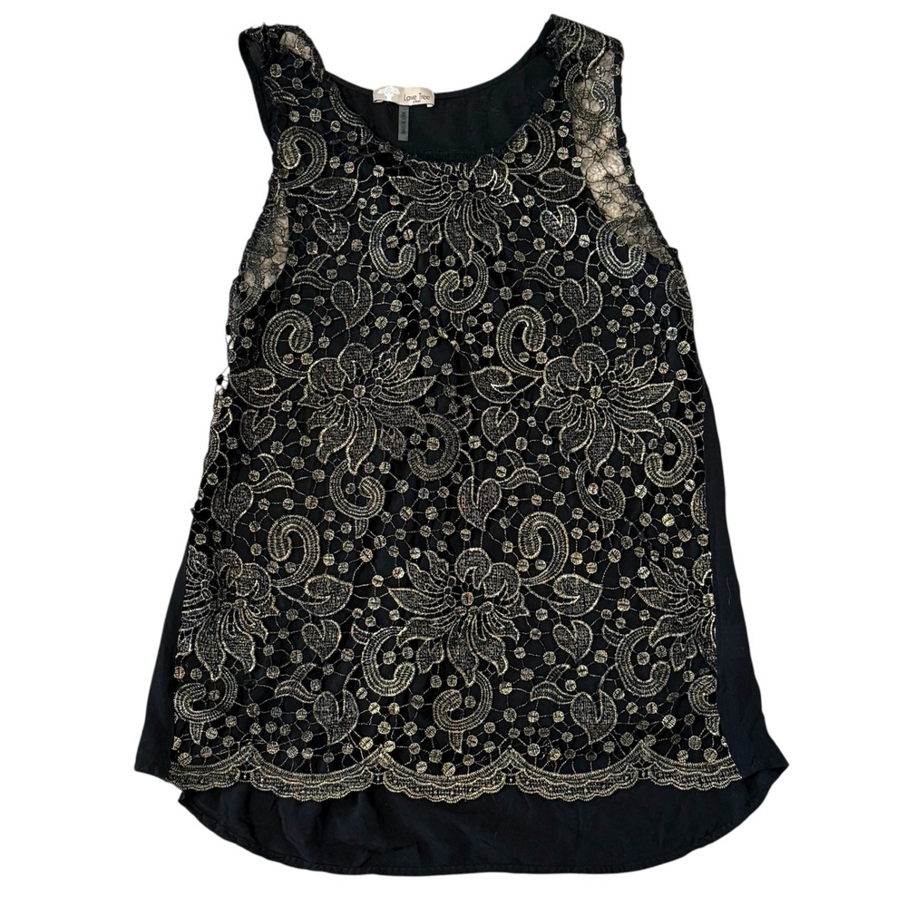 Love‎ Tree Womens Black Gold Metallic Floral Lace Tank Top Sleeveless Small